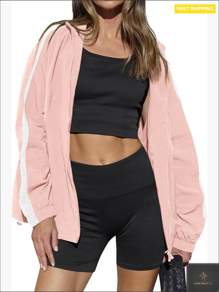 Oversized Color Block Zip Up Jacket Lightweight Hooded Windbreaker With Pockets